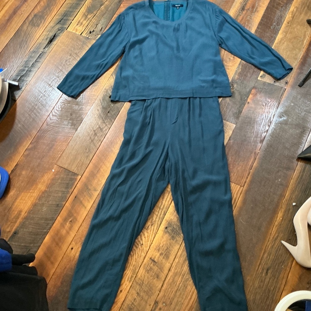 Clermont Overlay Jumpsuit M Harbor Blue Rayon Peekaboo Back